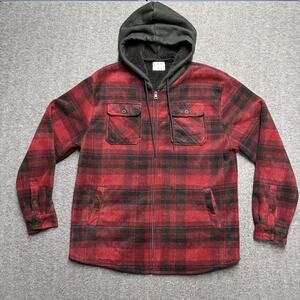 Distortion Full Zip Flannel Hoodie Mens XL Red/Black Plaid Fleece Lining Pockets